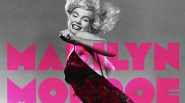 Affiche de l’exposition Marilyn Monroe à la Cinémathèque française, avec un portrait en noir et blanc de l’actrice et son nom en grandes lettres roses.