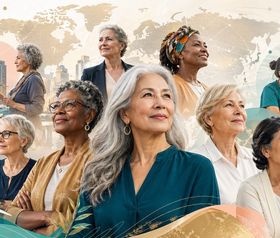 Femmes de 50 ans et plus, diverses et confiantes, représentées au cœur d’un monde en transformation mêlant innovation, travail, santé, transmission et économie de la longévité.