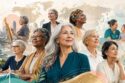 Femmes de 50 ans et plus, diverses et confiantes, représentées au cœur d’un monde en transformation mêlant innovation, travail, santé, transmission et économie de la longévité.
