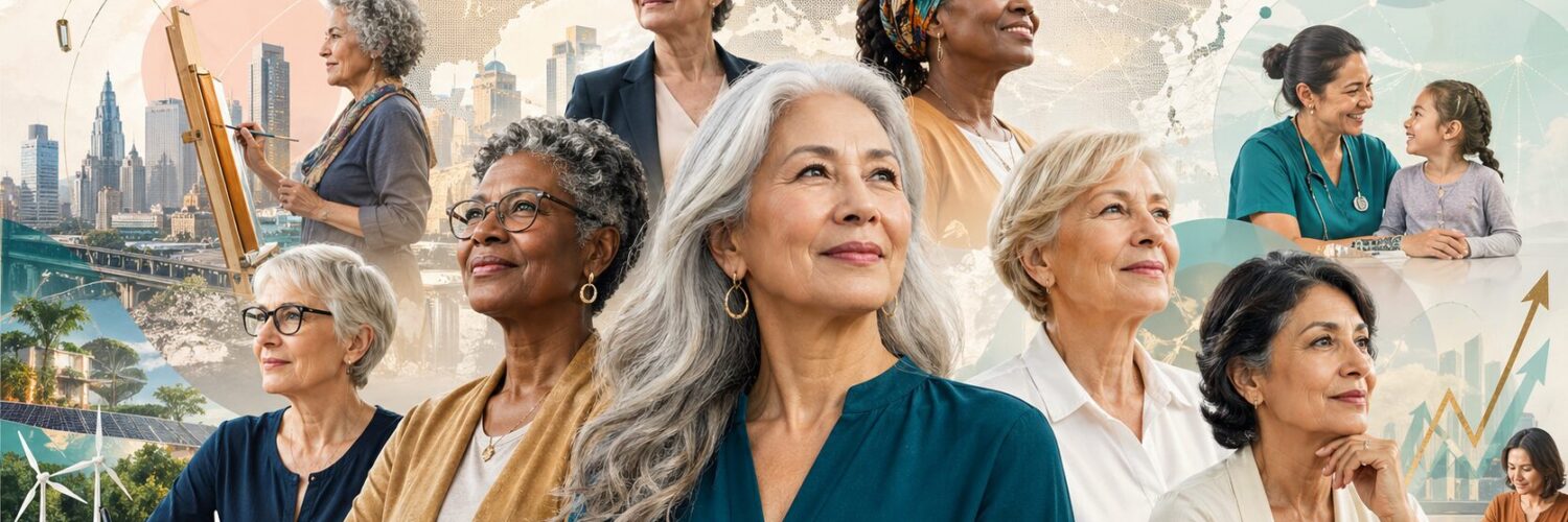 Femmes de 50 ans et plus, diverses et confiantes, représentées au cœur d’un monde en transformation mêlant innovation, travail, santé, transmission et économie de la longévité.