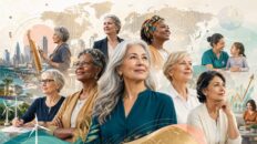 Femmes de 50 ans et plus, diverses et confiantes, représentées au cœur d’un monde en transformation mêlant innovation, travail, santé, transmission et économie de la longévité.