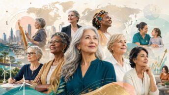 Femmes de 50 ans et plus, diverses et confiantes, représentées au cœur d’un monde en transformation mêlant innovation, travail, santé, transmission et économie de la longévité.