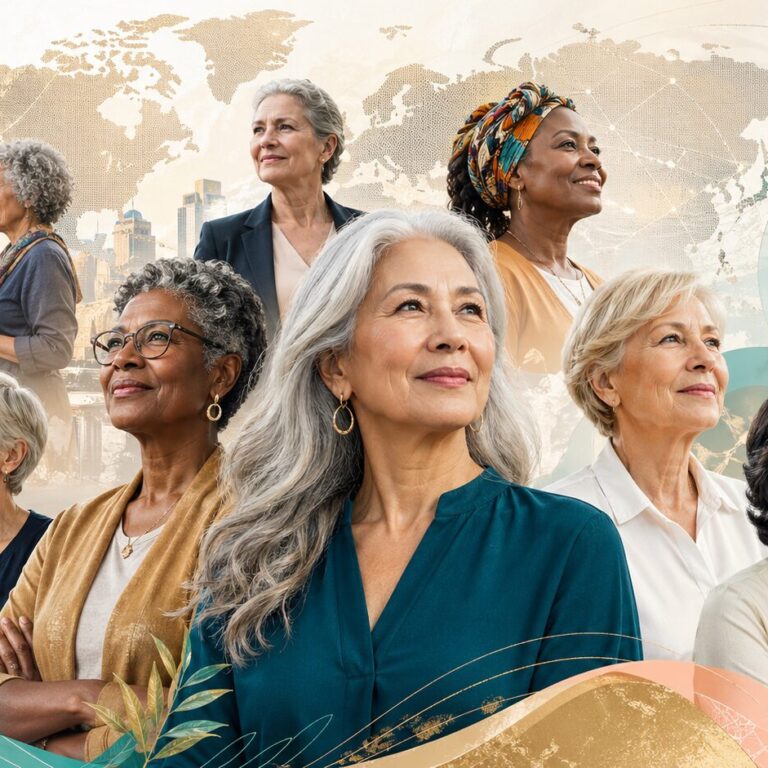 Femmes de 50 ans et plus, diverses et confiantes, représentées au cœur d’un monde en transformation mêlant innovation, travail, santé, transmission et économie de la longévité.
