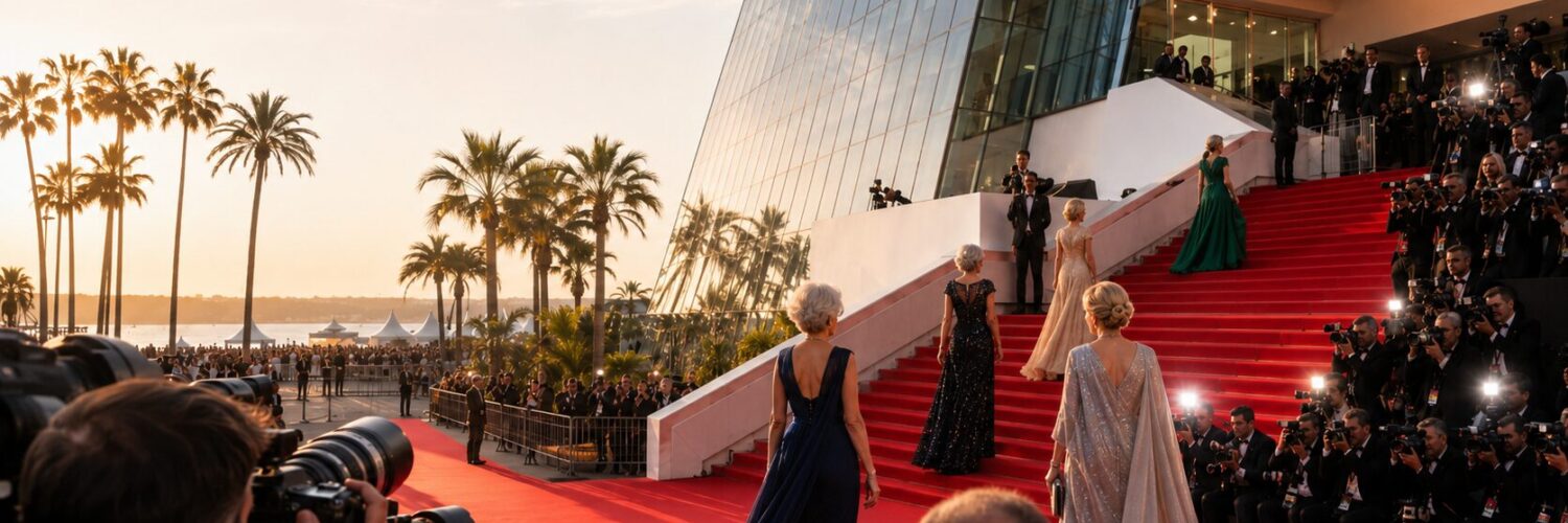 Illustration d’un tapis rouge à Cannes avec plusieurs silhouettes d’actrices de plus de 50 ans en robe de soirée montant les marches sous les flashs des photographes, devant le Palais des festivals.