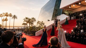 Illustration d’un tapis rouge à Cannes avec plusieurs silhouettes d’actrices de plus de 50 ans en robe de soirée montant les marches sous les flashs des photographes, devant le Palais des festivals.
