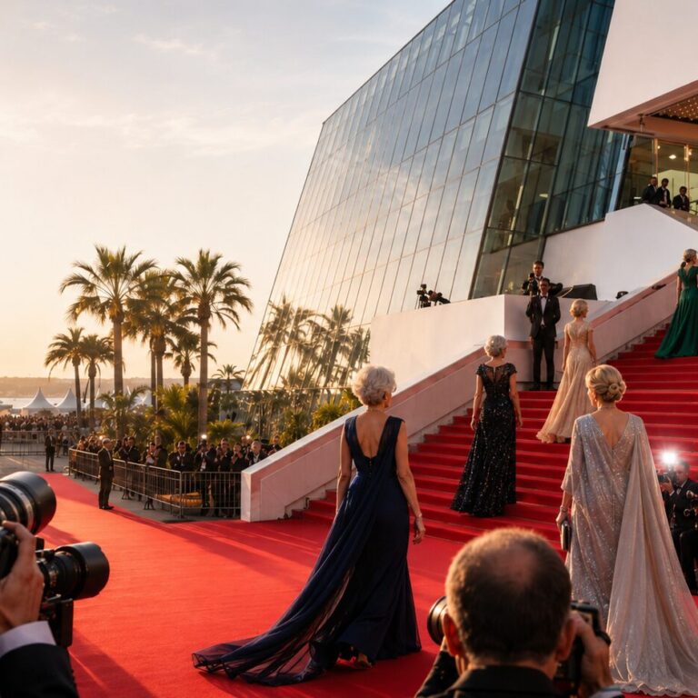 Illustration d’un tapis rouge à Cannes avec plusieurs silhouettes d’actrices de plus de 50 ans en robe de soirée montant les marches sous les flashs des photographes, devant le Palais des festivals.