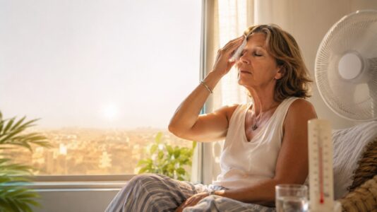 Femme de plus de 50 ans se rafraîchissant près d’une fenêtre pendant un épisode de fortes chaleurs, avec un ventilateur et un thermomètre en arrière-plan.
