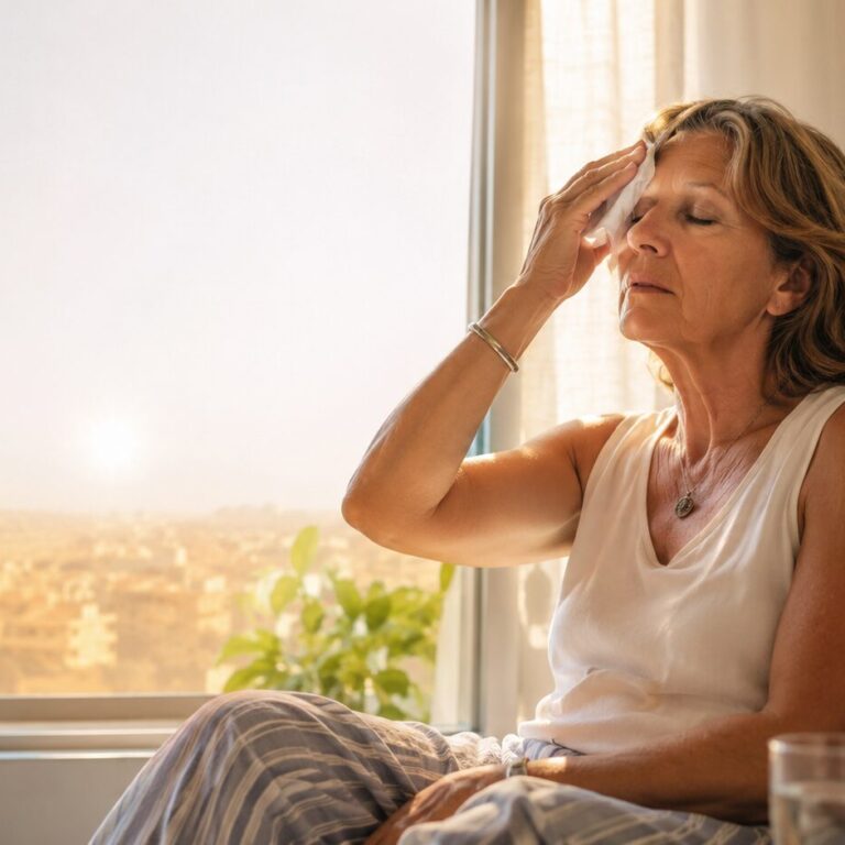 Femme de plus de 50 ans se rafraîchissant près d’une fenêtre pendant un épisode de fortes chaleurs, avec un ventilateur et un thermomètre en arrière-plan.