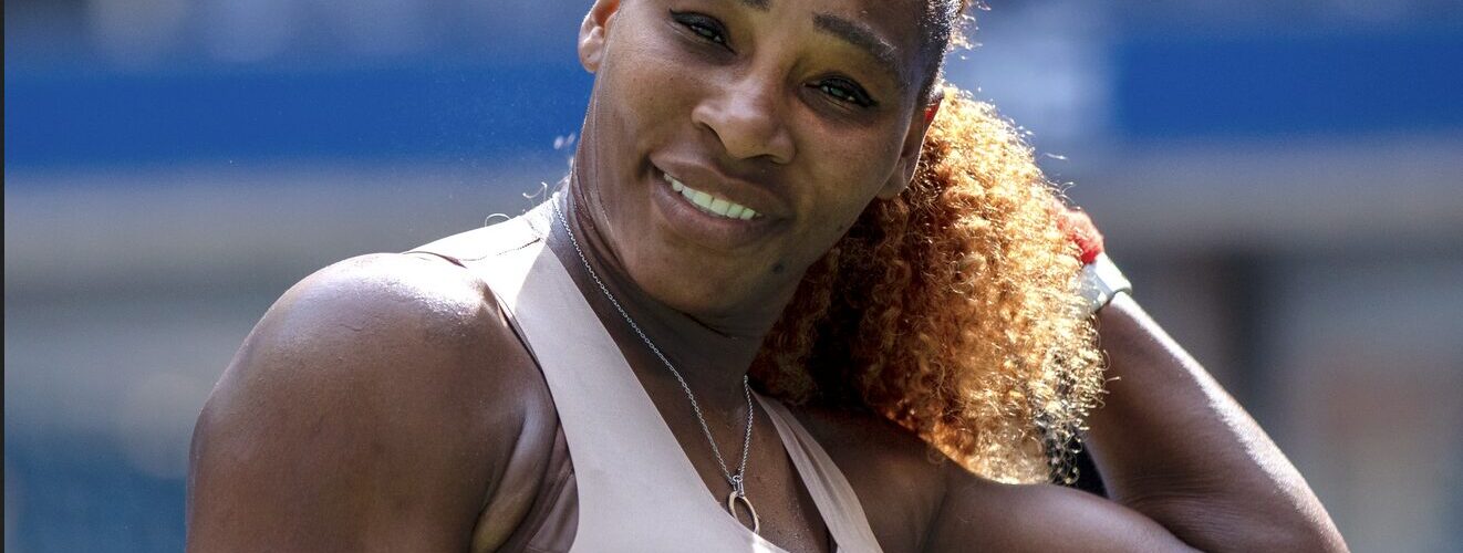 Serena Williams smiling during her match with Maria Sakkari in the USTA Billie Jean King National Tennis Center's Arthur Ashe Stadium during the 2020 US Open Date