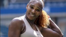 Serena Williams smiling during her match with Maria Sakkari in the USTA Billie Jean King National Tennis Center's Arthur Ashe Stadium during the 2020 US Open Date