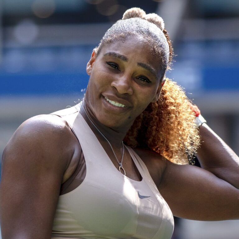 Serena Williams smiling during her match with Maria Sakkari in the USTA Billie Jean King National Tennis Center's Arthur Ashe Stadium during the 2020 US Open Date