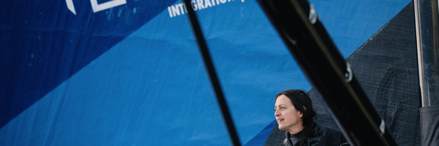 skipper Justine Mettraux (SUI) is celebrating taking eigth place of the New York Vendee sailing race, in Les Sables d'Olonne, on June 11, 2024.