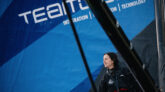skipper Justine Mettraux (SUI) is celebrating taking eigth place of the New York Vendee sailing race, in Les Sables d'Olonne, on June 11, 2024.