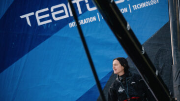 skipper Justine Mettraux (SUI) is celebrating taking eigth place of the New York Vendee sailing race, in Les Sables d'Olonne, on June 11, 2024.