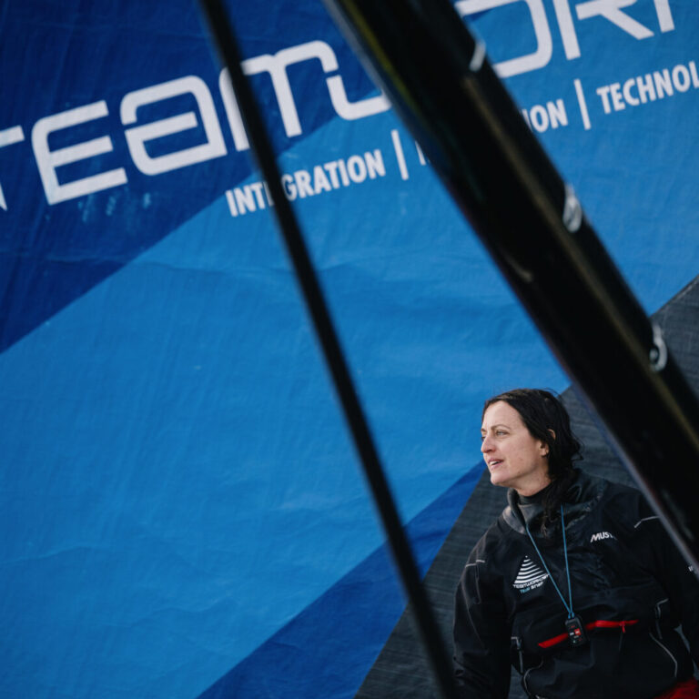skipper Justine Mettraux (SUI) is celebrating taking eigth place of the New York Vendee sailing race, in Les Sables d'Olonne, on June 11, 2024.
